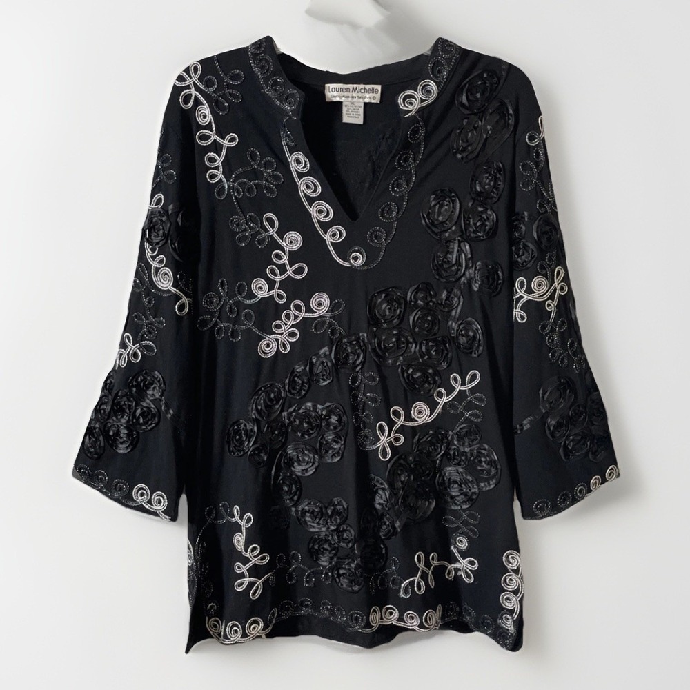 Lauren Michelle~Embroidered 3/4 Sleeve Shirt Top XL Large Embroidered Metallic